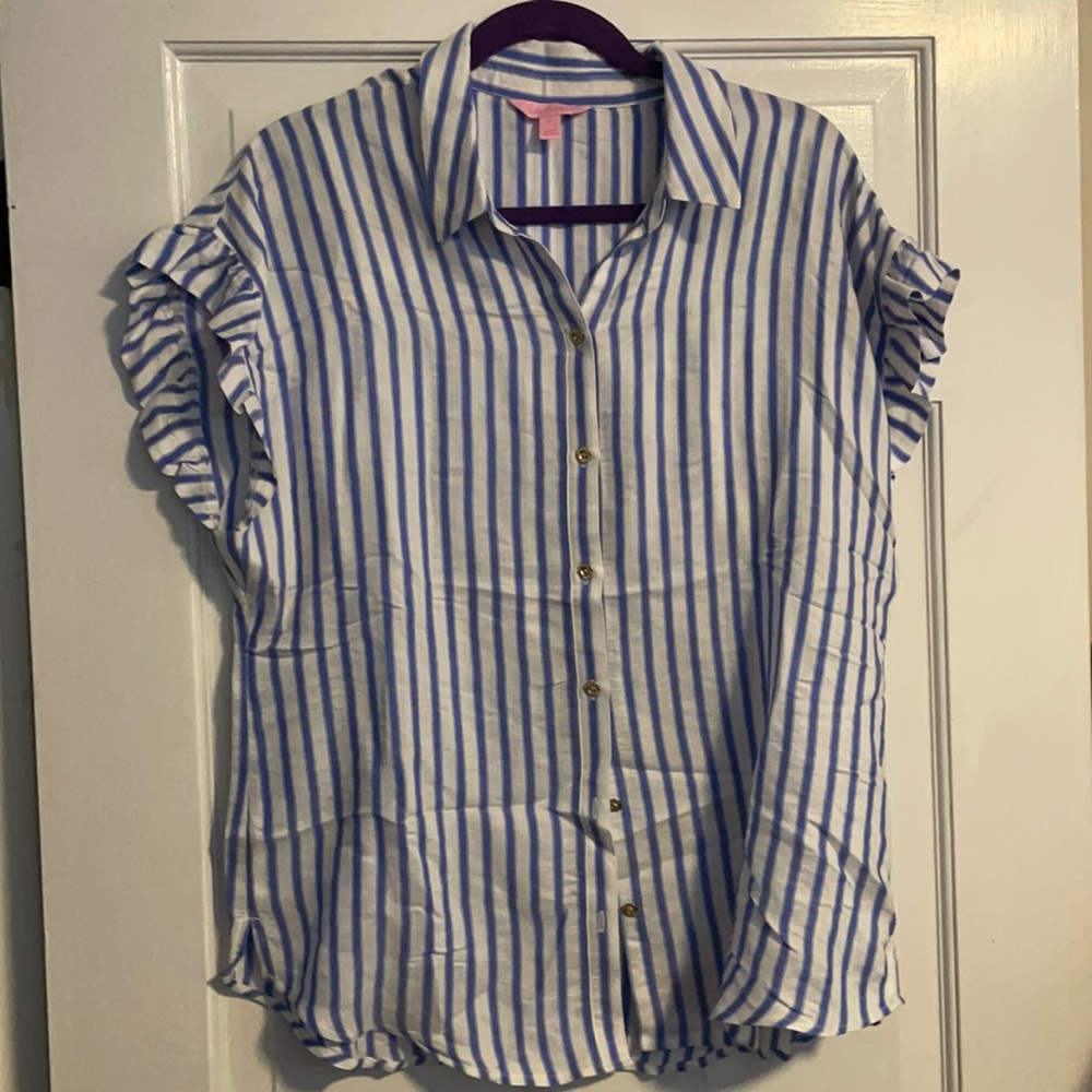 Lilly Pulitzer Blue and White Striped Button Down Ruffle Sleeve Top